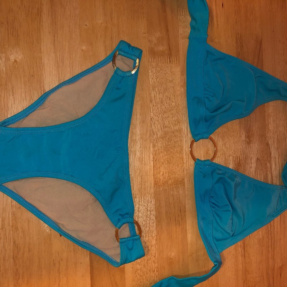 turquoise 2 piece bathing suit w gold detail